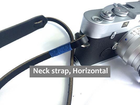 Black leather, blue wrap. Camera Neck strap, Horizontal