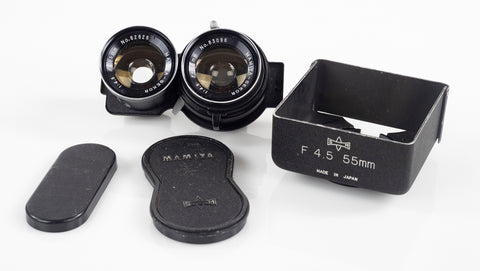 Mamiya-Sekor 55mm/f4.5 lens with front and back lens caps and lens hood $290