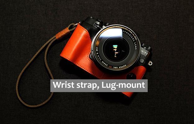 Dark Brown and orange Leather camera Wrist strap, Lug-mount